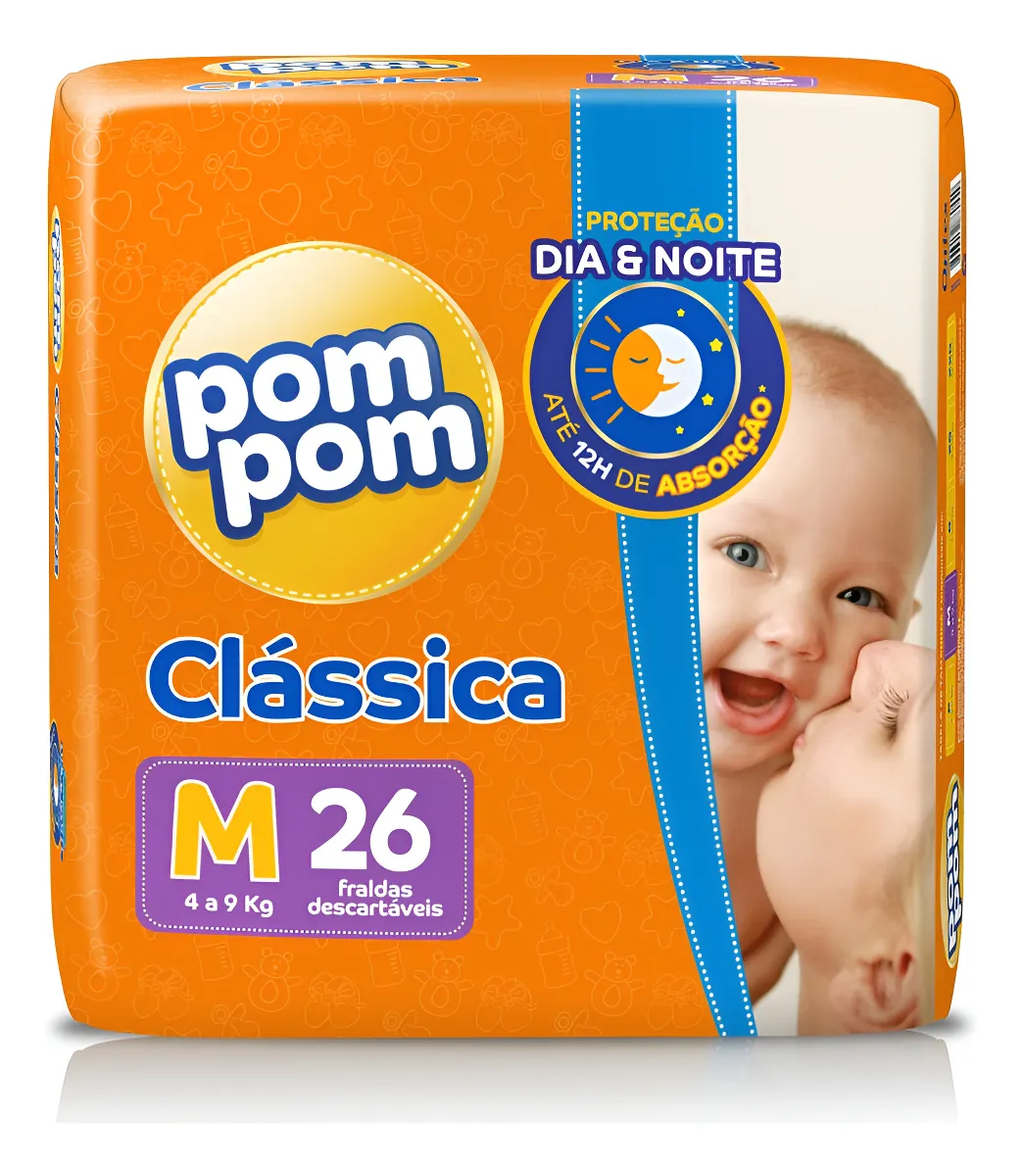 COMBO 8 PCT       Fralda Descartável Infantil Pom Pom Clássica M Pacote 26 Unidades