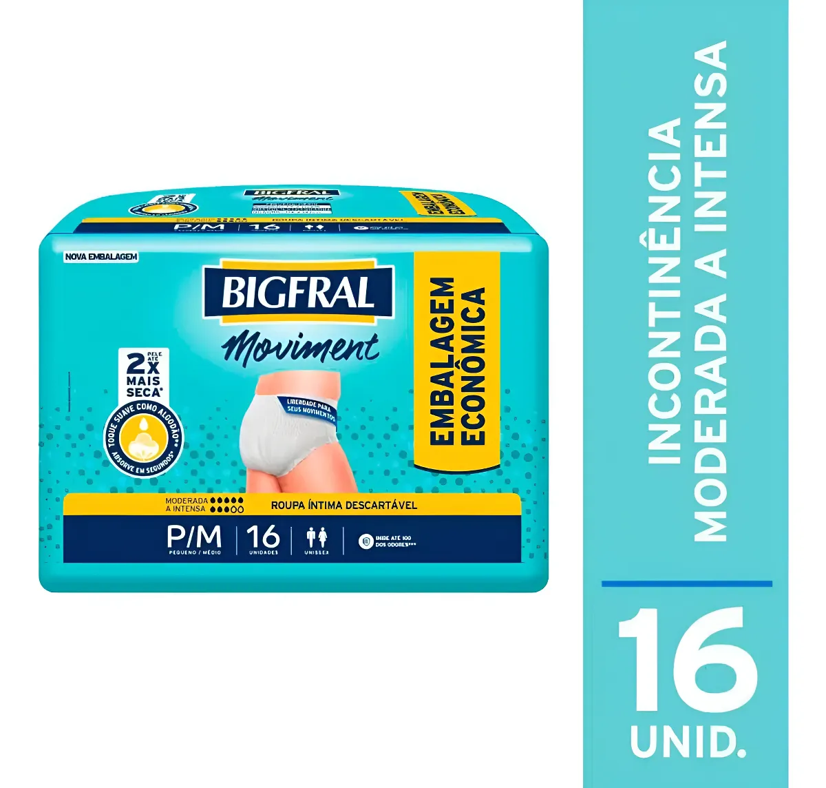 SUPER PROMOÇÃO - 4 PACOTES Roupa Íntima Bigfral Moviment P/M 16 Unidades Tamanho Médio-64 UN